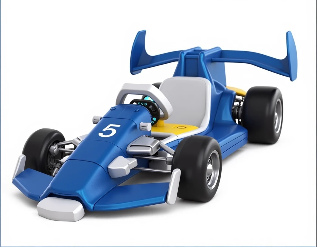 3D digital rendering, {high-performance racing car with dynamic design}, sleek blue vehicle with vibrant yellow accent lines, aerodynamic low-profile body featuring sharp geometric angles, white drivers seat with black steering wheel displaying number 5, c...