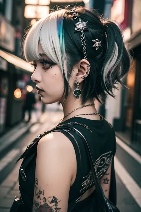 Black、Goth_punk,  one girl , solo, Mid Shot, Walking around Harajuku, ((at night)),  bokeh depth of field ,  from behind , Rainbow Eyes,  starry sky , Red shiny hair, White eyebrows, Shiny Hair, (Iridescent white hair), Earrings, Bans, gem,  mask , [Short ...