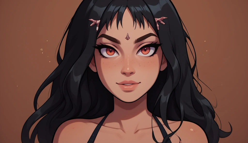 girl, red eyes, black hair, bare forehead, very little black horns, long hair, Modern Anime Style, High Definition, Ultra Details, Fantasy Modern World, HD, perspective from his face, smiling nostalgically, face in close-up, flat brown color background