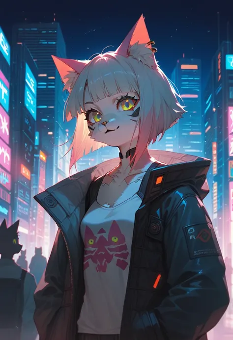 score_9, score_8_up, score_7_up, rating_safe, a Cat-Eared Girl in a city at night, with a cat on her shoulder, cyberpunk art, furry art, anime style 8k, anime catgirl, digital cyberpunk anime art,