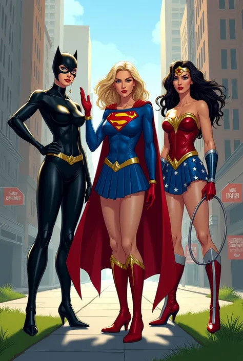 Supergirl,catwoman,wonderwoman together standing on sidewalk street on green area.supergirl saying hi by her hand and they are looking to the camera