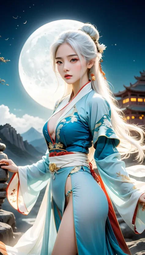  A beautiful Oriental Chinese woman ， has pure white hair like a cloud ， Unique eyes reveal a mysterious atmosphere， in a flowing blue Hanfu ，Standing under the moonlight ，whole body， surreal photography style ， fantasy art aesthetics ，Movie-level lighting...