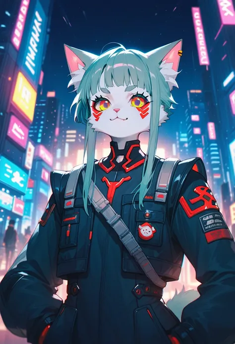 score_9, score_8_up, score_7_up, rating_safe, a Cat-Eared Girl in a city at night, cyberpunk art, furry art, anime style 8k, anime cat girl, digital cyberpunk anime art,