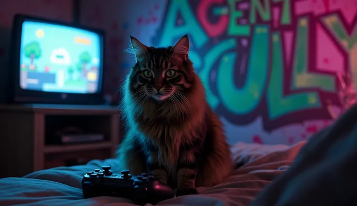 Long hair dark brown tabby Maine Coon cat playing video games  , holding a game controller and playing on a tv showing image of Mario Bros as a mouse ,in an abandoned house , lightened only by the tv screen light,with walls covered by colorful graffitis  b...