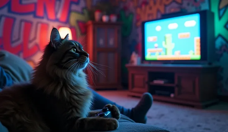 Long hair dark brown tabby Maine Coon cat playing video games  , holding a game controller and playing on a tv showing image of Mario Bros as a mouse ,in an abandoned house , lightened only by the tv screen light,with walls covered by colorful graffitis  b...