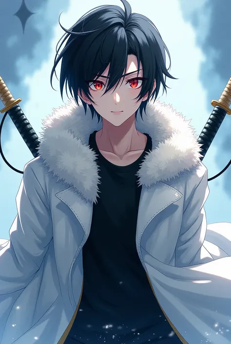 anime,human,,red eye,black hair,male,shoulder length, Black shirt,white skin,white coat(lustrous skin, glossy skin), masterpiece, a world of ice,casual, dual swords, twinblade