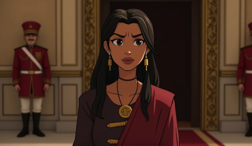 Zainab visiting the royal palace, standing before a grand door with guards standing at attention. Her face is a mix of determination and apprehension as she prepares to speak with the king about the mysterious events affecting her daughters.
