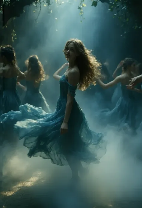 A smoothly dancing girl with long yellow hair and blue eyes in a blue lush dress on the dance floor.  Girls are dancing next to her . The air is saturated with smoke . The pink light of the anime cuts the darkness