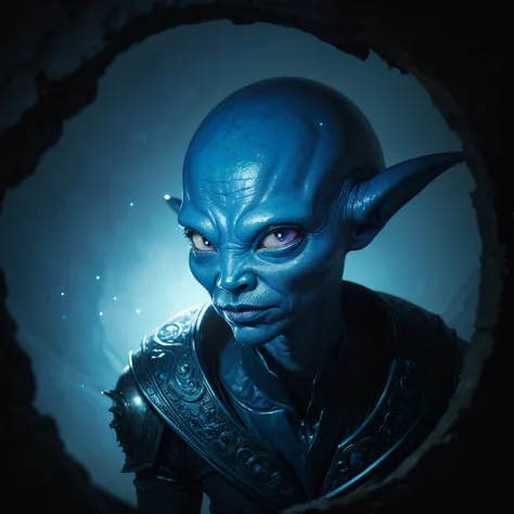 strange blue alien creature, happy, portrait, photorealistic, hyper detailed, color contrary reflection; soft focus image and with magical fantasy colors, peaking out from under dark ledge