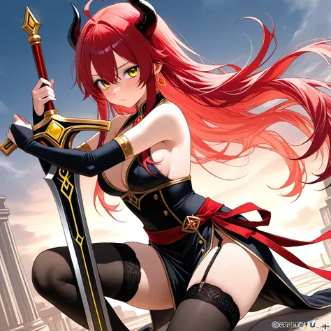  An adult girl with red hair and yellow eyes. A warrior and a demon with a two-handed sword ,  in stockings