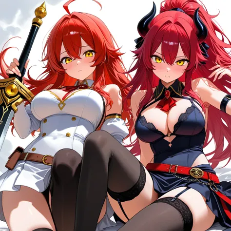  An adult girl with red hair and yellow eyes. A warrior and a demon with a two-handed sword ,  in stockings