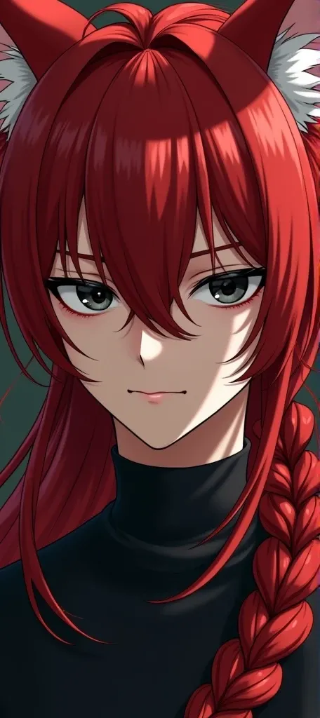 Red-long haired men have fox ears, handsome faces and completely  black eyes anime emotionless And braid the hair on the right side in front.And behind, let the hair down.