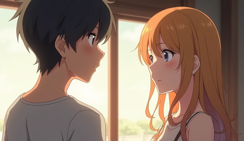 Anime style, fine detail. A young man is persuading a young woman. The woman is seen from the mans point of view. The woman is shy and fidgety.