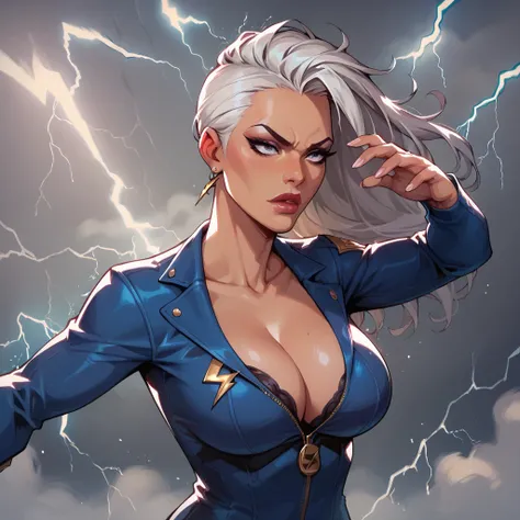 1 woman, Storm, Marvel Rivals,, arms outstretched, lightning around, leaning back, seductive face, big breasts, cleavage, dark gradient background