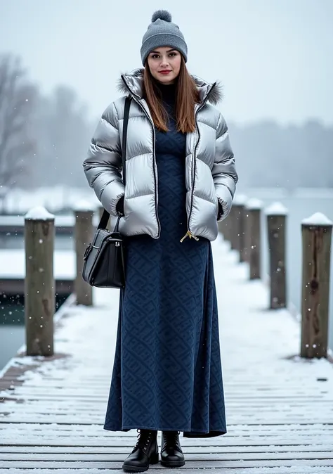 A woman in a dark blue geometric patterned maxi dress, paired with a shiny silver puffer jacket. She is standing at a winter dock, wearing black combat boots and black thermal tights. A gray knit hat and a black handbag complete her outfit.






