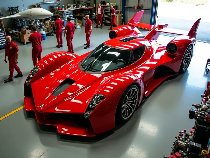 A high-angle,A large, red, custom-modified supercar, resembling a luxury vehicle, is adorned with airplane wings and jet engine nacelles.  The vehicle is situated in a large, industrial-style hangar or workshop.  The setting is well-lit, with a concrete or...