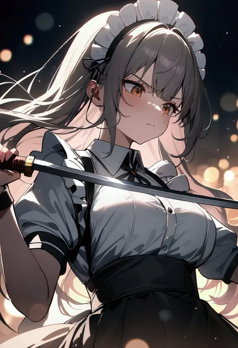 masterpiece,best quality,amazing quality,absurdres,very aesthetic,newest,colorful,split,1girl,(loli:1.4),large breasts,(traditional maid collared shirt:1.3),long hair,holding sword unsheathing,looking down,determined,(angry:0.6),(half-closed eyes:0.8),deep...