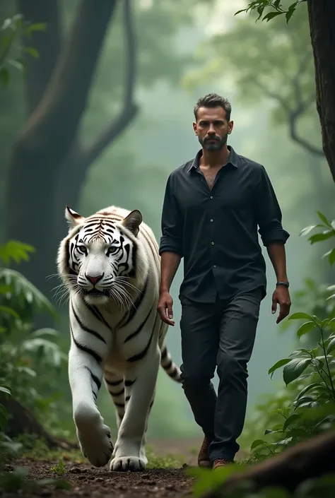 A man in a black shirt walks along with a white tiger 