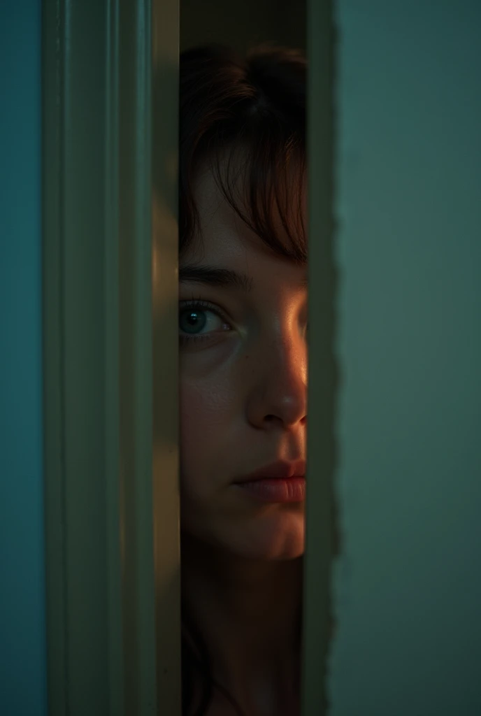  The face of a teenage girl ,  Between the hole in a closet  ,  looking through the soft light of the room,   movie scene with a 35mm lens 1 .4