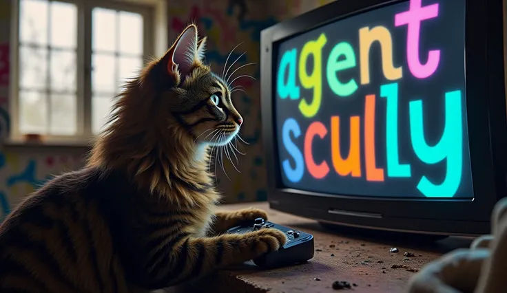 Long hair dark brown tabby Maine Coon cat playing video games with an alien, both are holding  game controllers and playing on a tv showing image of Mario Bros game ,in an abandoned house , lightened only by the tv screen light,with walls covered by colorf...