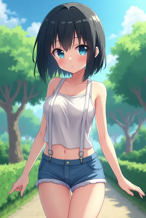 anime boy,  male gender, s,  straight black hair and straight cut , naughty blue eyes ,  wearing semi-transparent white suspenders,  with very small shorts color blue ,  perfect view of the thighs and butt ,  In a park 