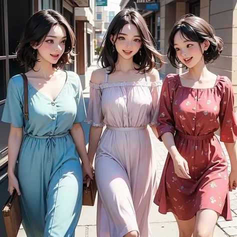 3 women aged 25, are laughing and walking. Wearing summer dresses. 

With beautiful faces.