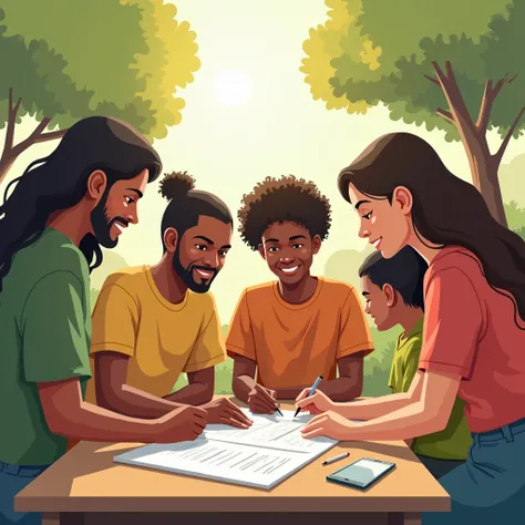 "Create an illustration of young people from different cultures working together on a project, with realistic expressions and dynamic poses. Add natural background elements like trees and sunlight streaming through."