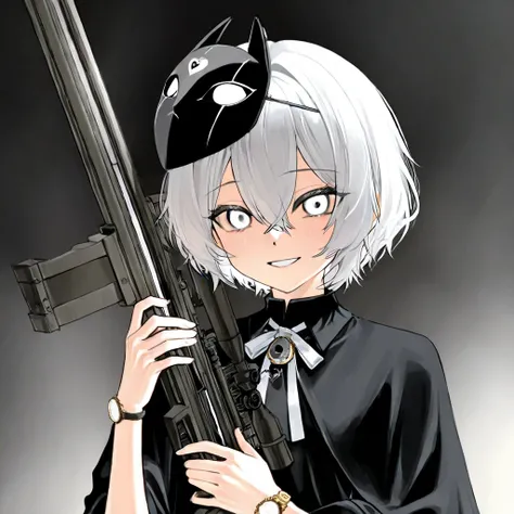  An adult girl with white eyes ,  short hair , wearing a mask with a smile , In the hands of a sniper rifle,  dressed in black , there is a watch on my hand,  has a small bow in the shape of a broken heart on her head 