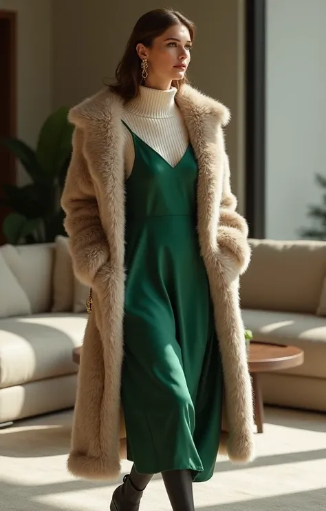 A woman wearing a satin slip dress in deep emerald green, paired with a fitted ribbed turtleneck sweater in ivory. She is walking through a modern living room with stylish furniture, wearing black ankle boots and a faux fur coat. A small leather crossbody ...