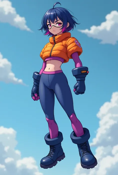 A hero who wears blue and purple tights, wears clothes made of orange cushion-like material on his chest like a crop tee, has short navy blue hair, slightly fuchsia hair at the end, boots are big, floats in the air, and has a transparent mask on his face