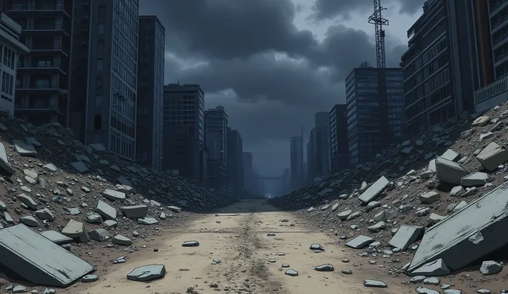 Destroyed city in anime style, without structures, like a terrain with scrumbles around, dirty floor, and a dark, eerie atmosphere, ((you can use shibyua city in jujutsu kaisen season 2 as example))