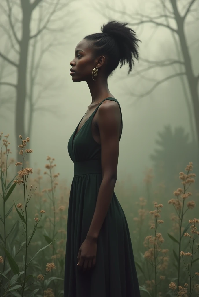 Black woman standing and thinking deeply 