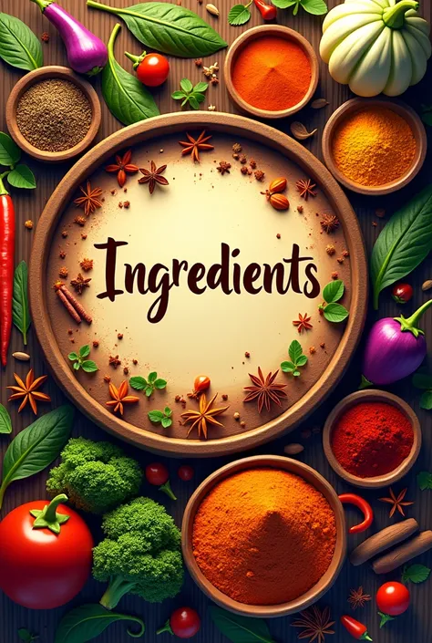 I need a image the text includes in middle is ingredients and surrounding it should like vegetables masala 