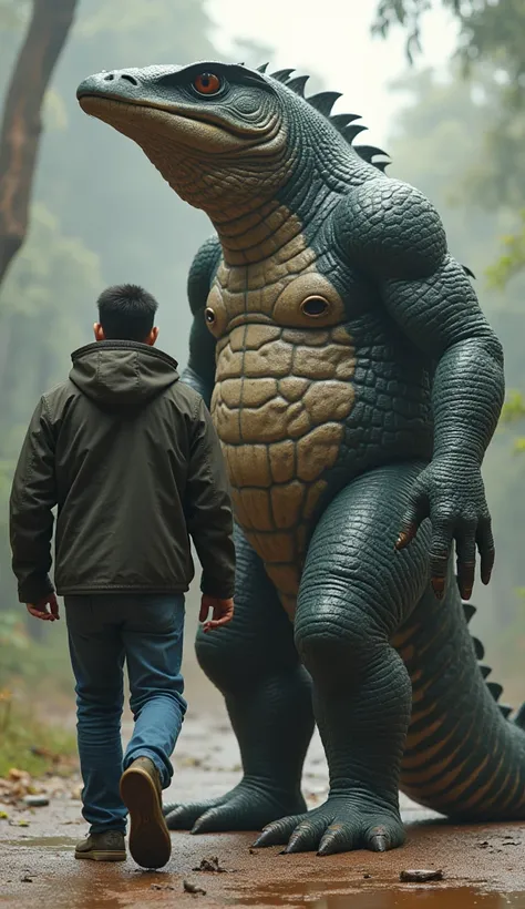 a Indonesian man wearing a jacket and jeans walks hand in hand with a giant comodo