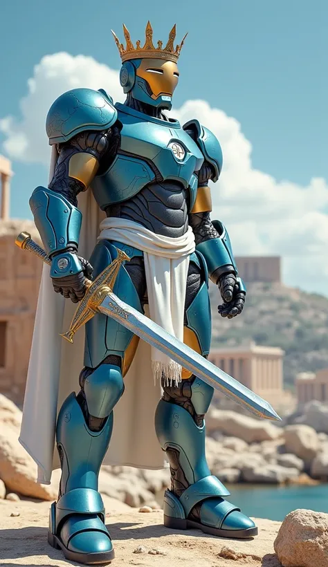  This is mechanical armor that protects Greece 。 Please follow Iron Man in the design 。The armor is full of scratches 。 His armor consists of light blue and white 。 He wears a white waistband 。He wears a crown that evokes the image of Greece。He holds a swo...