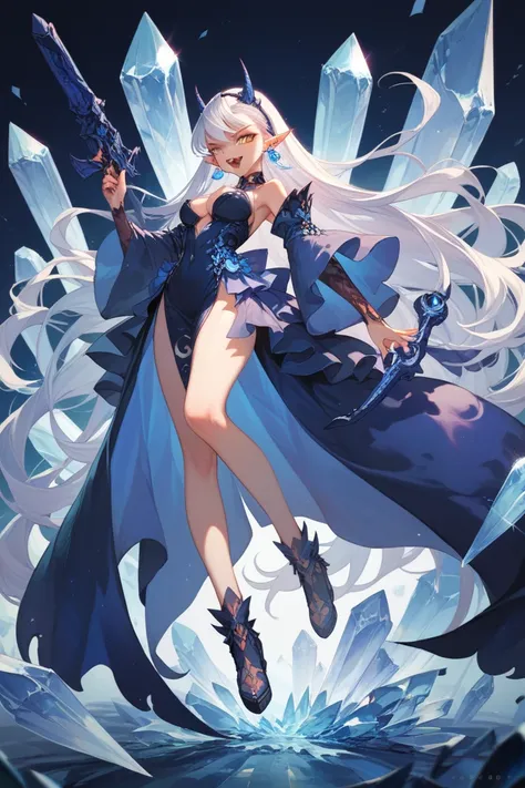 Girl who a luna month Very Long Hair, Earrings, pointy ears, High Details, Super Detailed, High Quality, Crystal Earrings, Slit Pupils, Anime, Anime Style, Fangs, full body holding weapon