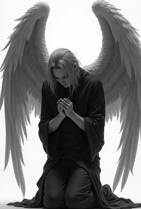 Angel man on his knees black and white