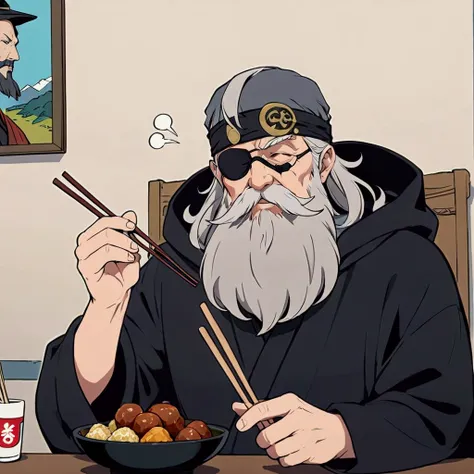 popart,flat color,(masterpiece, best quality,ultra-detailed:1.2) ,Oldman(odin) eating oden,Wearing black hood and robes,Grey Mustache and Long Beard,(only left Eye patch),oden on table,using chopsticks,