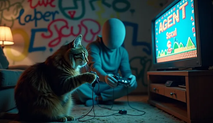 Long hair dark brown tabby Maine Coon cat playing video games with a tall gray very detailed, both are holding game controllers, game  controllers in paws and in hand,and playing on a tv showing image of Mario Bros game ,in an abandoned house , lightened o...