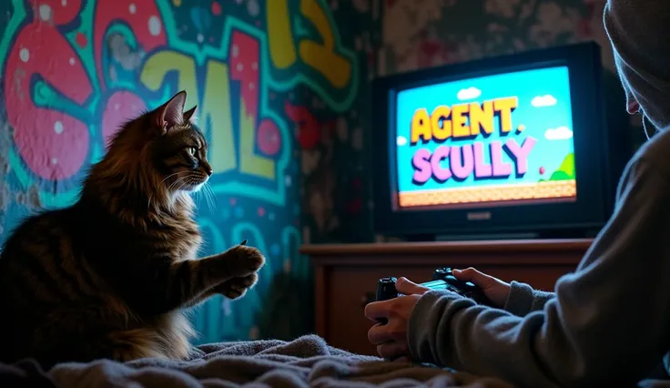 Long hair dark brown tabby Maine Coon cat playing video games with a tall gray very detailed, both are holding game controllers, game  controllers in paws and in hand,and playing on a tv showing image of Mario Bros game ,in an abandoned house , lightened o...