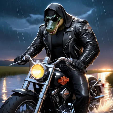 Closeup, an extremely badass anthropomorphic buff, muscular alligator wearing an insanely cool black leather Harley Davidson biker jacket open, black shirt, black leather biker gloves, black leather biker pants, black sunglasses, giving it a cool, edgy app...