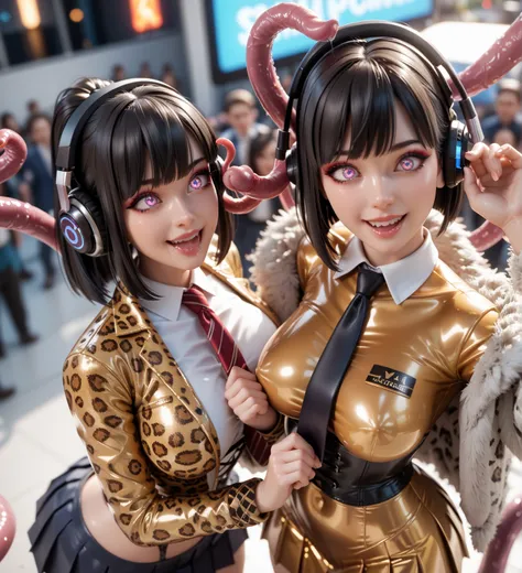 2 girls,  In an extremely tight shiny golden latex polo shirt, bob cut,   black hair , Lens reflection,   reflecting light  ,   high resolution ,   masterpiece,  Are in the crowd, startled,  Glowing eyes , smile, saliva, salivafluss, salivaspur, very stron...