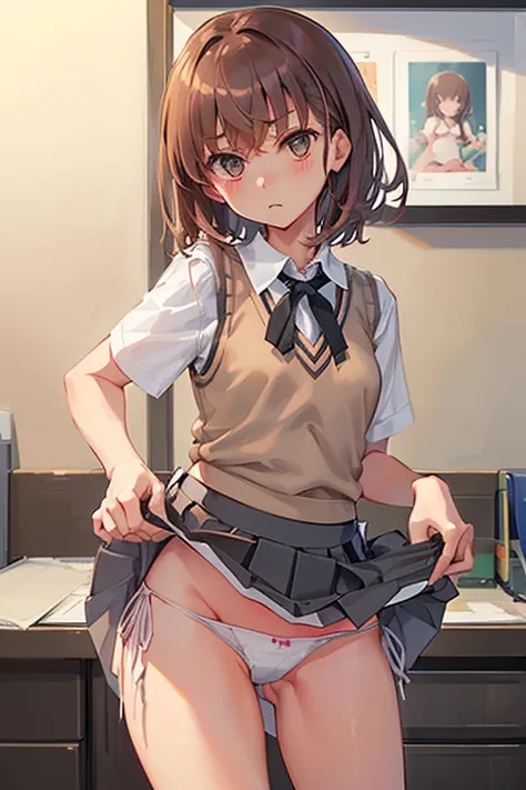 Misaka Mikoto、A Certain Scientific Railgun、girl、Small breasts、whole body、Contrasted、Short sleeve blouse、Beige knit vest、Dark grey plain pleated skirt、best quality,(g-string:1.1),(side-tie panties:1.4),(skirt lift:1.4),(panty shot:1.3),