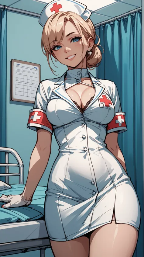 color sketch drawing, anime style, simple sketch drawing, simple lines, nurse:1.3, In a tight blouse with a medical armband and a skirt, hospital room, smile, 