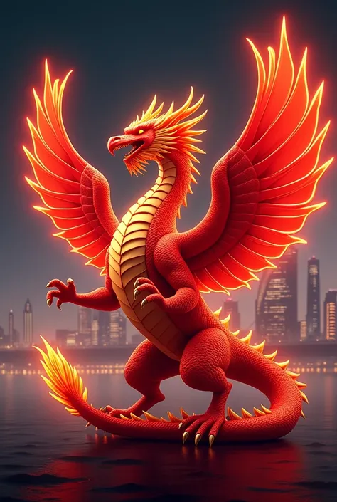  “The Red Eagles” is a majestic dragon ,  whose wings glow in the colors red and gold .  The dragon has an impressive appearance ,  which is reminiscent of the strength and ambition of Shanghai Port FC.  The background shows the Shanghai skyline at night ,...