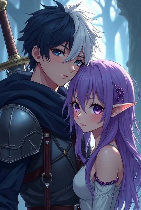 A serious anime teen with half white half black hair. He is a human swordsman with deep blue eyes. he is in dark armor that comes from an ice dragon. He is with his girlfriend an eldarin elf. She has vibrant purple hair. one eye is vibrant brown the other ...