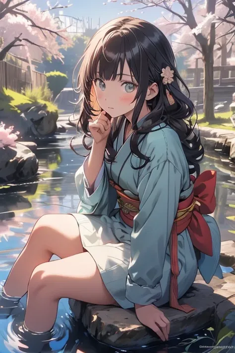 there is a very pretty anime girl sitting on a tree branch by a full moon, 1girl, japanese clothes, tree, solo, cherry blossoms, black hair, sitting, in tree, moon, long hair, kimono, sky, petals, looking at viewer, 
beautiful composition, cinematic lighti...