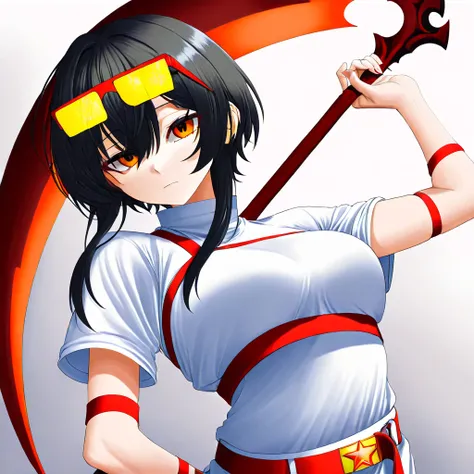  An adult girl with a scythe in her hands ,  black hair and orange eyes .  Dressed in closed white clothes under armor , red elastic band on her arm ,  on her head sunglasses with yellow lenses .  On her waist is a belt with a red star