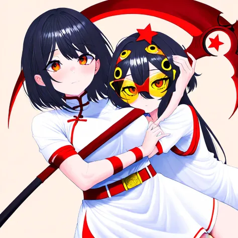  An adult girl with a scythe in her hands ,  black hair and orange eyes .  Dressed in closed white clothes under armor , red elastic band on her arm ,  on her head sunglasses with yellow lenses .  On her waist is a belt with a red star