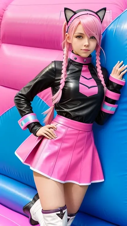  teenager with pink hair ,  slim model , pink leather korsett , tüll skirt pink ,  leather arm warmers blue,  knee-high leather boots, Cat ears, bouncy castle, twintails

